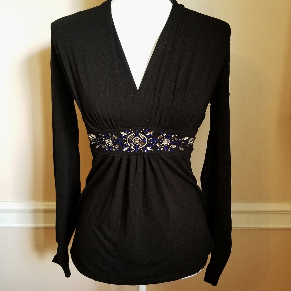 SOLD WHBM empire waist jeweled black blouse sz XXS
